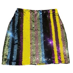 Yellow Purple & Blue Striped Sequin Retro NYE Glam Festival Rave Mini Skirt S